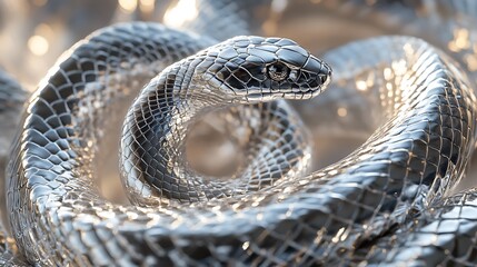 1. Close-up of a silver snake coiled elegantly with its scales glistening under soft light