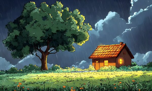 Cozy cottage under a stormy sky, illuminated by warm interior light.