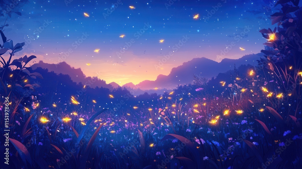 Poster enchanting twilight meadow with luminous fireflies dancing in the dusk, creating a serene and whimsi