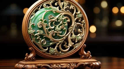 Elegant Green Jade and Carved Wooden Ornament