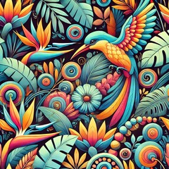 Obraz premium Tropical rainforest-inspired seamless pattern with vibrant colors, featuring birds and flowers. Created with Generative AI Technology