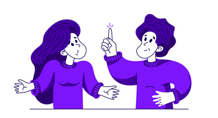 Obraz premium Young man has a good answer to a woman question and doubts, vector illustration of young people helping each other to solve some problem.