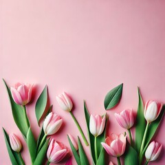 Obraz premium Tulips on a Pink Background with Copy Space on the Right, Flat Lay Top View Style. Created with Generative AI Technology