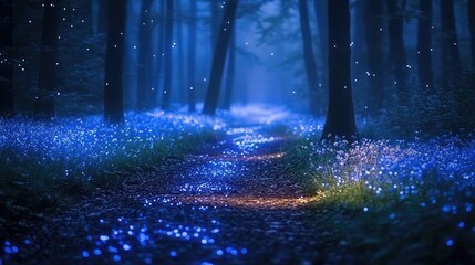 A magical forest trail lit by glowing fireflies with soft blue and green tones creates an enchanting ambiance.
