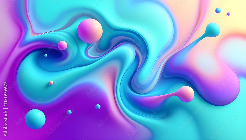 Fototapete Gradient background with turquoise metaball shape, morphing, colorful drops, and 3d background. Abstract 3d liquid color background. Abstract colorful gradient background with fluid shapes
