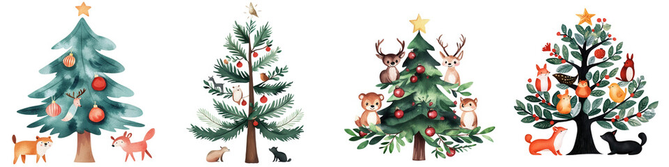 Collection of festive Christmas trees with ornaments and animals, isolated on a white background.