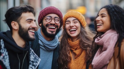 Joyful multicultural friends sharing laughter and camaraderie on a vibrant city street, embracing life and friendship together