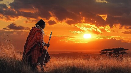  Warrior walking across savanna at sunset with spear.