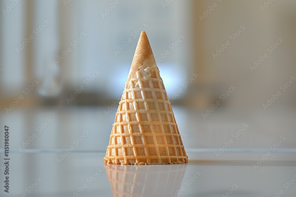Poster empty waffle ice cream cone is standing upright on a reflective surface, ready to be filled with a d