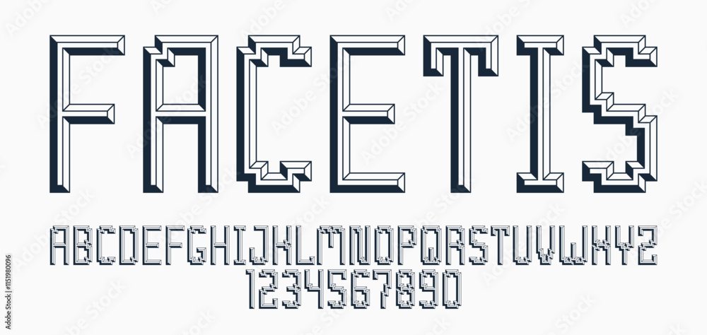 Poster minimal geometric cyberpunk font with facet effect, vector typeface in geometry volume style, future