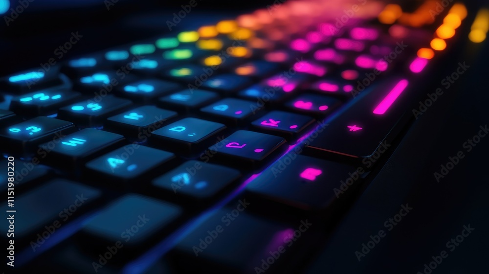 Poster a dark-themed backlit keyboard with rainbow lighting, creating a futuristic tech vibe.