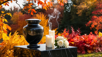 dark urn for ashes, flowers, candles in nature autumn
