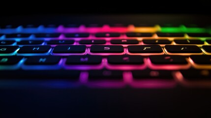 A dark-themed backlit keyboard with rainbow lighting, creating a futuristic tech vibe.