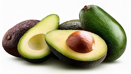 sliced avocado with various cuts and whole avocados isolated on background