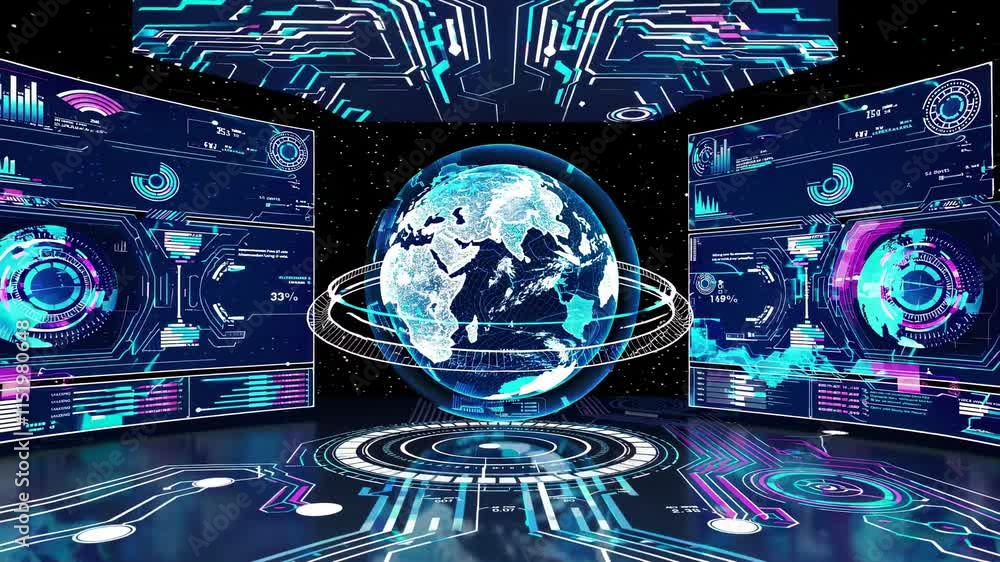 Poster exploring a futuristic digital display featuring a rotating globe and high-tech interfaces