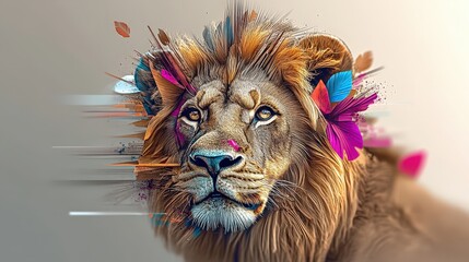 Majestic Lion Surrounded by Colorful Flowers and Bold Brush Strokes