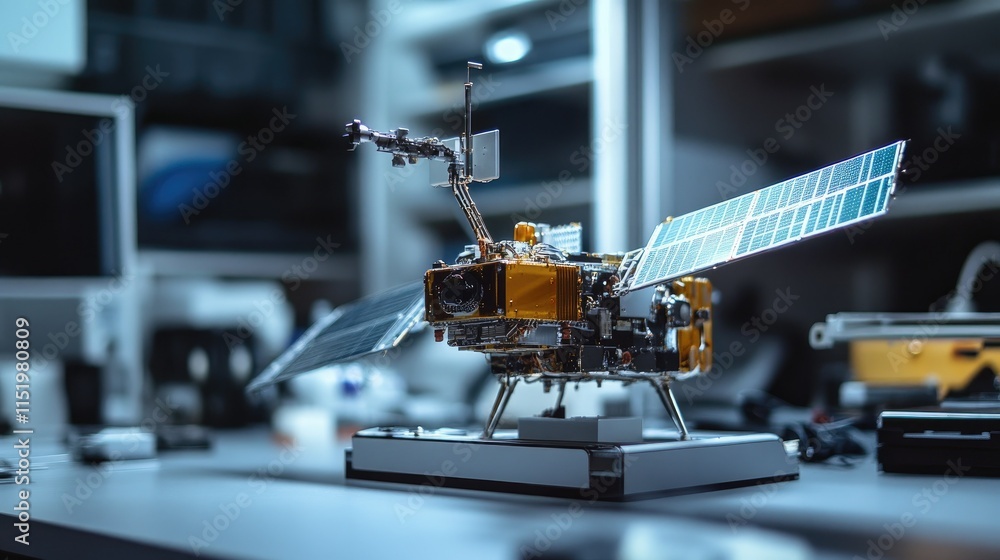 Poster a detailed satellite model in a laboratory setting, showcasing its components and sensors