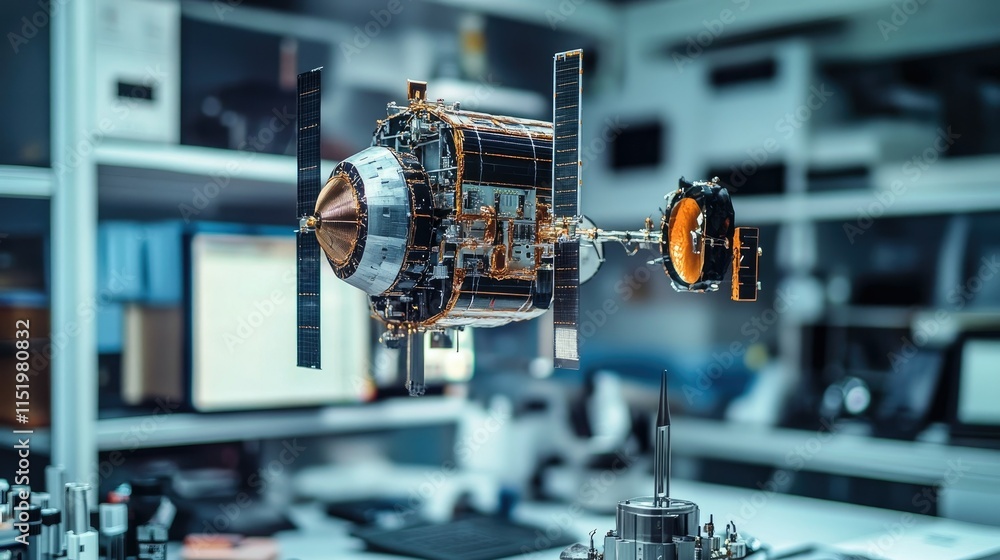 Poster a detailed satellite model in a laboratory setting, showcasing its components and sensors