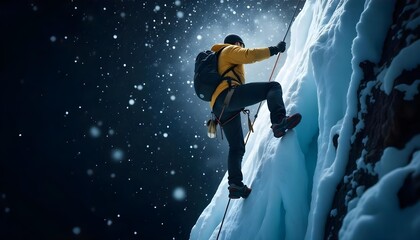 Man ice mountain climber scaling an icy cliff face of a mountain at night