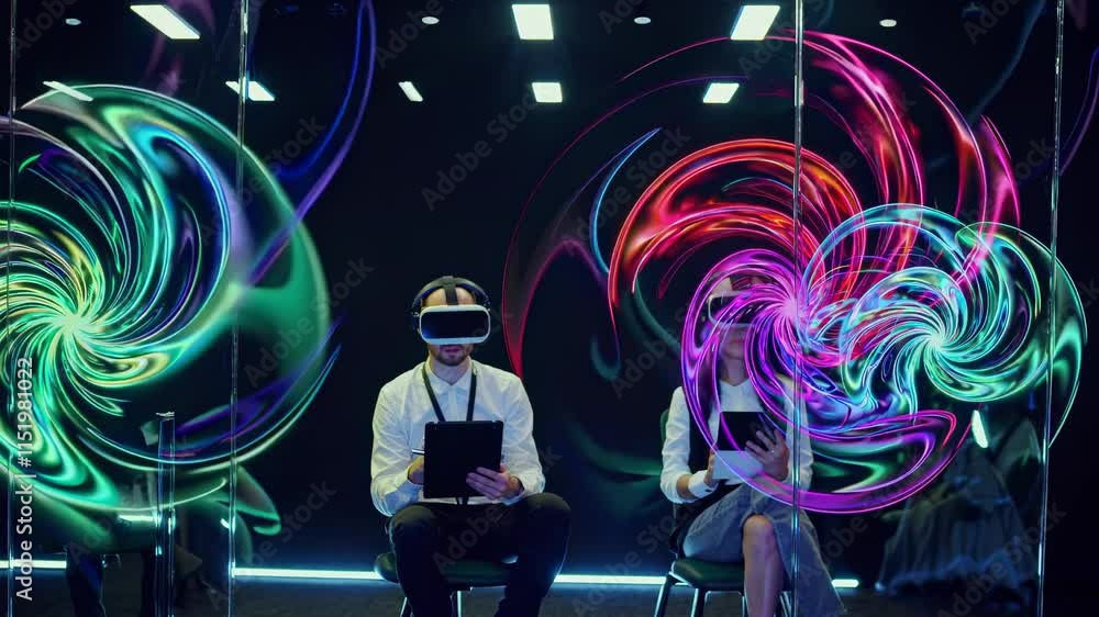 Poster exploring virtual reality experiences in a vibrant tech exhibition