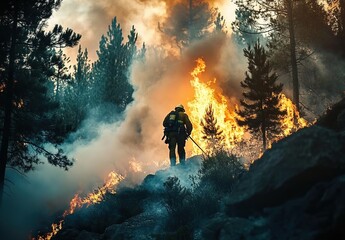 Fototapeta premium A firefighter fighting a forest fire in the woods