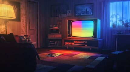 A dim living room illuminated by a glowing television screen displaying vivid colors