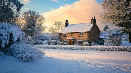 A cozy cottage surrounded by snow, illuminated by warm light during a winter sunset.