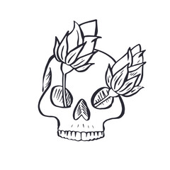Hand drawn inky floral human skull with rose in the eye sketch isolated on white background. Doodle skeleton head with flower tattoo design.