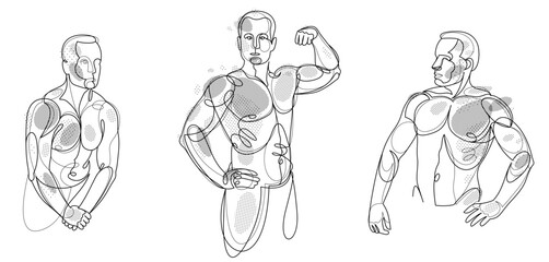 Athletic man torso vector linear illustrations set, male beauty with perfect muscular fit body posing, artistic drawings of fitness model.