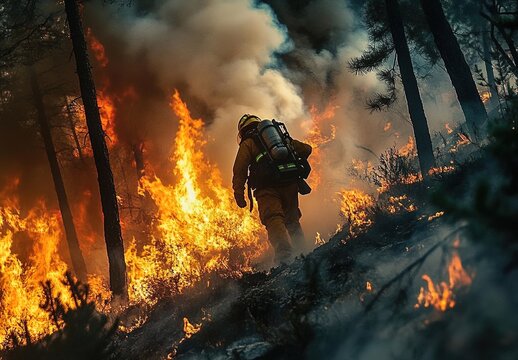 A firefighter fighting a forest fire in the woods