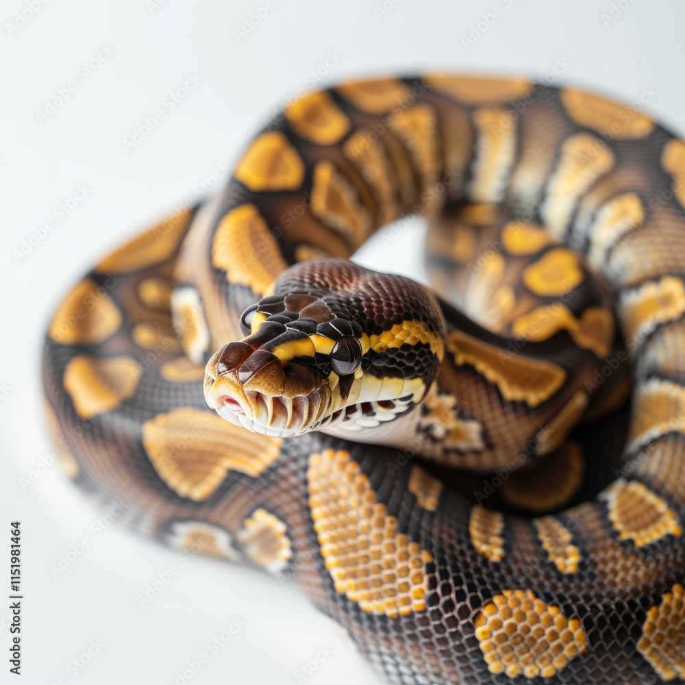 Poster striking close up of a ball python, showcasing its intricate scale pattern and prominent fangs again