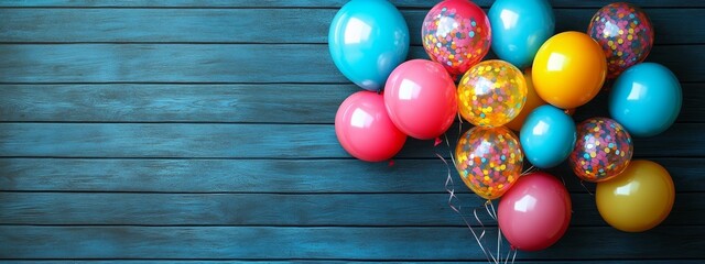 Fototapeta premium Colorful Bunch of Balloons on Wooden Background