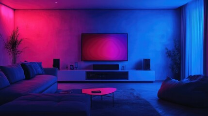 A dim room with vibrant TV screen reflections creating a lively nighttime setting