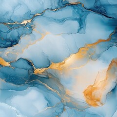 Fototapeta premium An abstract watercolor alcohol ink art featuring blue and golden hues with a pastel blue marble effect on a transparent background.