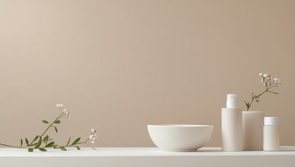 Serene Minimalist Beauty Product Still Life with Neutral Tones and Delicate Flowers