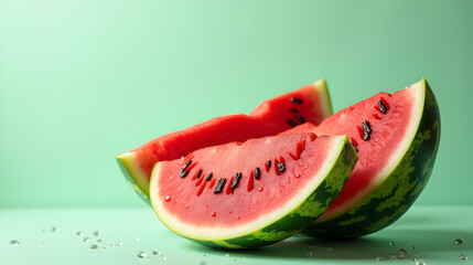 Juicy watermelon slices on a refreshing mint background.  Sweet summer treat, perfect for hot days!