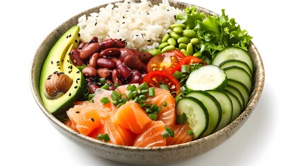 Colorful and Healthy Salmon Bowl with Fresh Vegetables and Rice