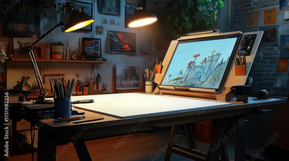 Poster a drawing table setup with voice-activated adjustable lighting.