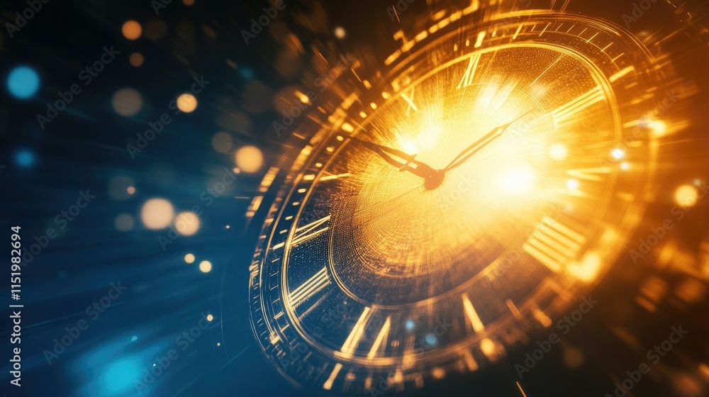 Poster a dynamic image of a clock face merging with cosmic patterns, symbolizing time-space dilation