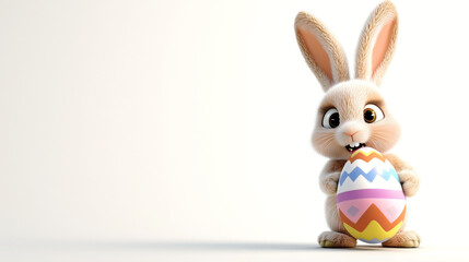 Fototapeta premium Cute Easter bunny holding colorful decorated egg on white background, 3D rendered cartoon character perfect for spring holiday designs