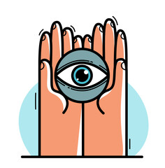 Two hands with eye icon protecting and showing care vector flat style illustration isolated on white, cherish and defense for ophthalmology and eyesight concept.