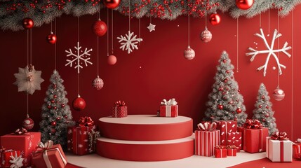 A festive podium decorated with Christmas ornaments, snowflakes, and gifts, set against a holiday-themed banner.