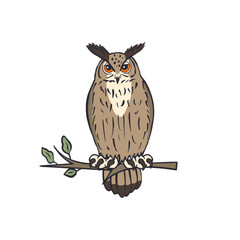Hand drawn line art eagle-owl sitting on tree branch isolated on white background. Nocturnal bird vector illustration.