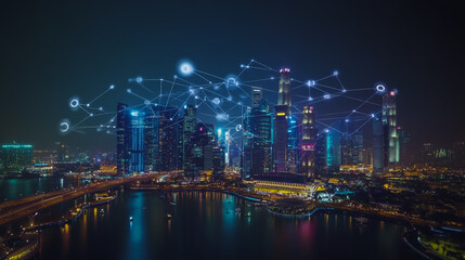 Smart digital city with connection cyber security network reciprocity over the cityscape . future smart wireless digital city and social media networking systems that connects people within the city