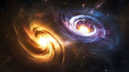 Obraz premium A breathtaking cosmic scene of two galaxies colliding, creating vivid colors, luminous swirls, and radiant light explosions in space