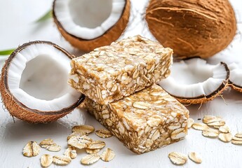 Fototapeta premium Oatmeal and coconut bar, a healthy food for weight loss, on a white background with cut coconuts nearby.