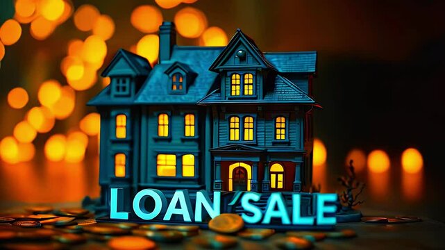 A miniature house with glowing windows beside the words "LOAN SALE" and scattered coins.