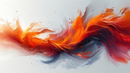 a modern abstract painting with swirling patterns in bold red, bright orange, and cool blue hues, set against a crisp white canvas, offering a lively and vibrant artistic composition.

