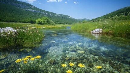 Naklejka premium Serene Mountain Stream with Vibrant Wildflowers