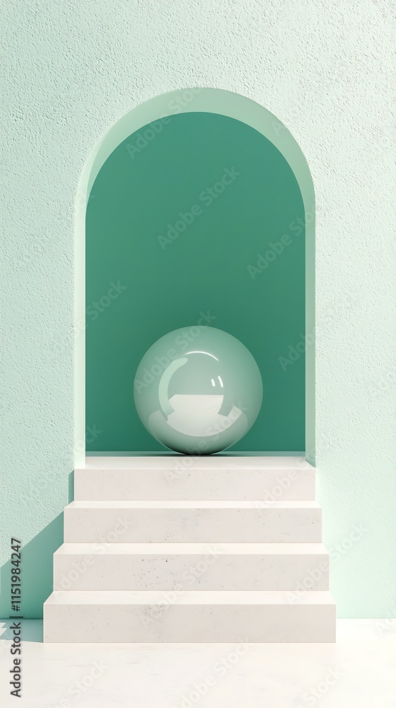 Poster a minimalist archway with a glossy sphere on steps, set against a soft mint-green backdrop, creating